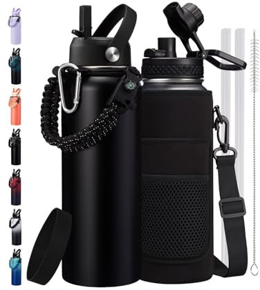 ICIOI 40 oz Insulated Water Bottle - Cold 48H & Hot 24H, Reusable Metal Water Bottle Hydro Cup with Paracord Handle Straw Spout Lids, Carrier Bag, Wide Mouth Thermal Mug for Sports Fitness Hiking