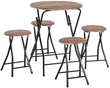 Liink1Ga Bistrotisch mit 4 Klappbank Gartentisch mit Klapphocker Balkonmöbel Gartenmöbel Set Balkonset 5 Teilig Garten Essgruppe, Faltbar Rund Esstisch mit 4 Klapphocker 60X60X75CM, Braun&Schwarz