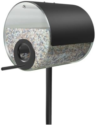 MeLiTec Edelstahl Vogelfutter-Station Fässchen, Vogelhaus schwarz matt, stehend, modernes Vogelhäuschen, Höhe 150cm