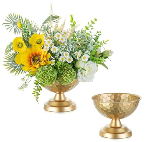 Sziqiqi Gold Urn Vase Centrepiece: 14cm Small Vintage Vases Set for Table Decorations - Wedding Vase Elegant for Floral Arrangement - Metal Honeycomb Flower Pot for Party Reception Dinner Table