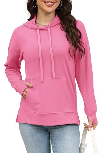 Rvinroo Felpa da Donna con Cappuccio Moda Felpa Casual Autunno Manica Lunga Pullover con Tasca Foro per Pollice Rosa XL