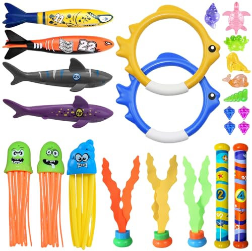 Olycism 25 PCS Jouets de Plongée Piscine pour Enfants Jouet Piscine Enfant avec Anneaux Piscine Bâtons plongés Torpilles plongés Gemstones Seaweed pour Jeux Piscine Jeux de Plongee