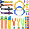 Olycism 25 PCS Jouets de Plongée Piscine pour Enfants Jouet Piscine Enfant avec Anneaux Piscine Bâtons plongés Torpilles plongés Gemstones Seaweed pour Jeux Piscine Jeux de Plongee