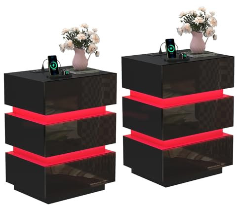 Lvhecforhm 2er Set Nachttische mit Steckdose & USB, Nachttisch mit LED Einstellbare Farben, Schwarz Hochglanz Front, Nachttisch mit 3 Schubladen, für Schlafzimmer 45x35x61cm