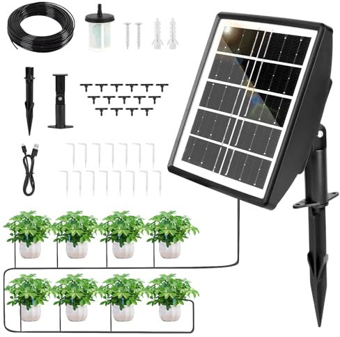 Sistema de Riego Automático Solar con Temporizador,Kit para Jardín,Balcón (Sin Conexión a Agua) & Plantas en Maceta Exterior,Tubo 15m,Sensor de Agua,Ideal para Vacaciones & Autonomía