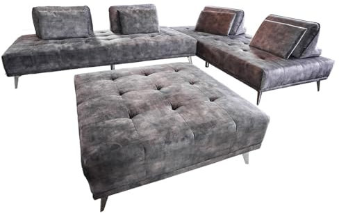 KAWOLA Ecksofa Velvet Sofa Wohnlandschaft WIOLO Ecksofa Samt Anthrazit mit Hocker | Hochwertige Couchgarnitur 240x220 cm für Modernes Wohnzimmer