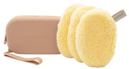 waschies Travel Set small nachhaltige und wiederverwendbare Mini Kosmetiktasche inkl. Wiederverwendbarer Abschmink- und Reinigungspads Pastel Yellow für Unterwegs, waschbar, Reise- und Geschenkset