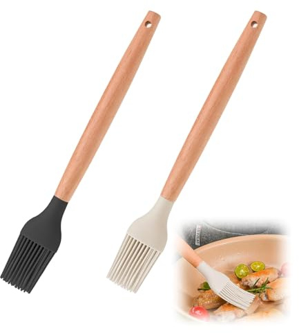 Lot de 2 pinceaux de cuisine en silicone avec manche en bambou - Ustensiles de Cuisine Résistants à la Chaleur pour Grillades, Pâtisserie et Cuisson, Manche Écologique, Nettoyage Facile, 24 cm