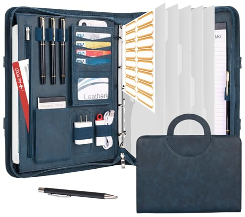 Leathario Schreibmappe A4 mit 5er Register DIN A4，Konferenzmappe mit 4 Ringbuch，Dokumentenmappe mit Reißverschluss，Griff，Klemmbrett,Ordner für Meeting, Business,Mappe für Schule, Uni Blau