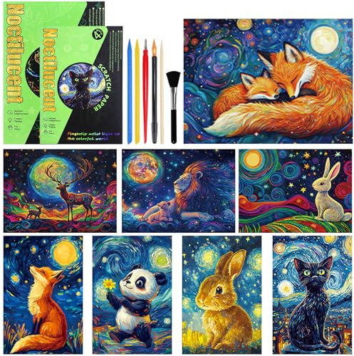 2 Satz Kratzbilder Set,Rainbow A4 Bunte Kratzpapier,Kratzmalerei A4 für Kinder & Erwachsene,Scratch Art Papier und Stift Set DIY Bastelsets (Nacht-Wächter,Süßes Haustier)