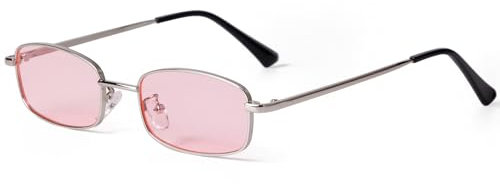 Laurinny Retro Rechteckige Sonnenbrille für Damen Herren Eckig 90er Metallrahmen Rechteck Sonnenbrille(Silber/Rosa)