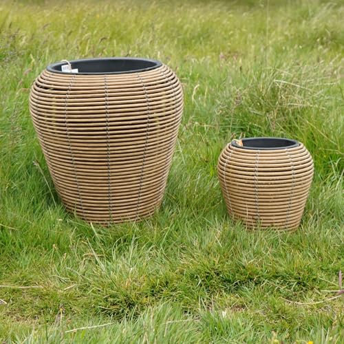 Carbeth Plants Mica Plant Pots - Stylish Light Brown Rattan Cane Effect Planters - Contemporary Design Ideal for Indoor & Outdoor Use - Available in Medium & Large Sizes (Medium)