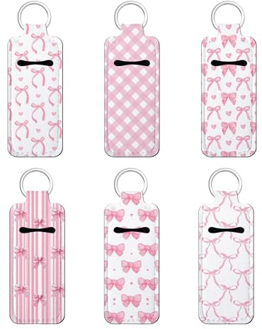6 Stück Chapstick Halter Schlüsselanhänger im Set, niedlicher kleiner Lippenstifthalter Schlüsselanhänger, Lippenstift Organizer, Makeup Organizers, 6 Designs (Rosa Schleife)