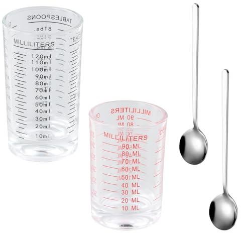 Aurafly 2 Pièces Tasse à Mesurer en Verre, Transparente Résistant à la Chaleur Verre Doseur avec Balance Verres Doseurs à Cocktail 2 Cuillères pour Bar Fête Cuisine Cocktail (90 ml et 120 ml)