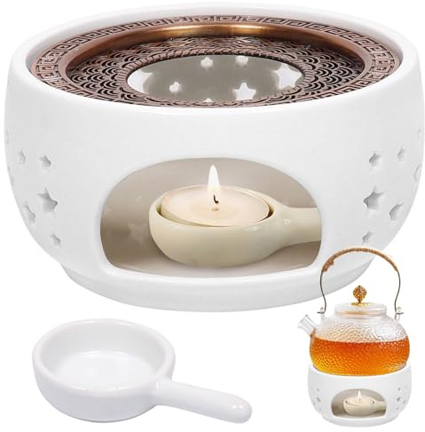 Stövchen für Teekanne, Stövchen Keramik mit Teelichthalter und Herdmatte, Teewärmer, Teekannenwärmer, Teestövchen Weiß, Hohl Geschnitztes Design, Geeignet für Wärmeerhaltung von Tee Kaffee Milch