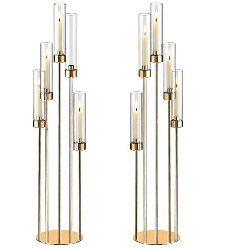 ybaymy 2er Set Kerzenständer 5 Arm für Hochzeitstisch,106cm Hohe Kerzenhalter mit Acryl Lampenschirm, Metall Gold Kerzenstöcke Halter für Party Home Dekoration Halloween Weihnachtstag