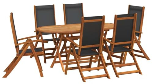 JHQHSM 7-TLG. Garten-Essgruppe aus Massivholz Akazie mit 1 ovalen Esstisch und 6 Klappstühlen, Outdoor Möbel Set für Terrasse, witterungsbeständige Gartenmöbel mit verstellbaren