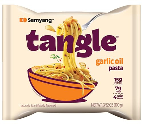 Samyang Tangle Garlic Oil Protein Pasta 20 x 100g, Korean Style Air Dried Instant Spaghetti with Roasted Garlic, Spanish Olive Oil and Red Pepper, Vegan Certified