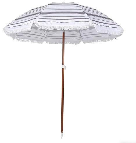 XOBRJQZ Parasol de Terrasse Rayé Noir et Blanc Ø 180 cm avec Franges, Inclinaison Réglable par Bouton, UPF 50+, Livré avec Un Ancrage de Sable et Une Housse, pour Plage, Jardin Piscine
