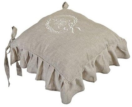 Skandinavisch Französisch Design Stuhlkissenbezug Sitzkissenbezug 'Emmy' 42 x 42 cm mit aufgesticktem Monogramm und Volant beige Baumwolle Landhaus Shabby French Vintage Retro Antik Nostalgie