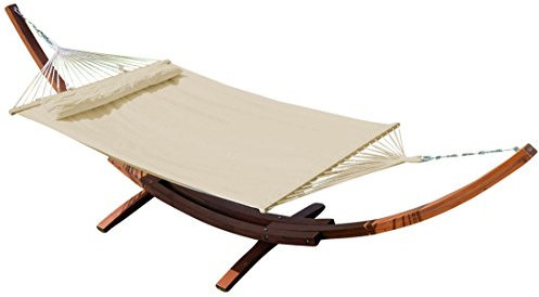 ALEOS. AS-S 410cm XXL Hängemattengestell Filled Edition Creme Hängematte mit Gestell aus Holz Lärche mit Stabhängematte GEPOLSTERT inkl. Kopfkissen