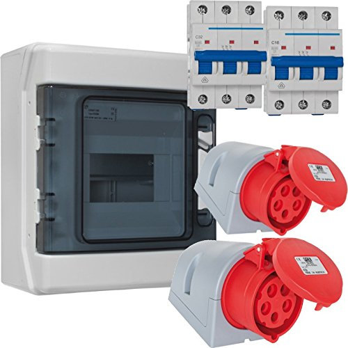WITTKOWARE IP65 Aufputz-Verteilungsset, 1-reihig, LS-Schalter 3-polig, C16/32A, CEE 16/32A