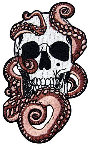 Aufnäher, bestickt, Design: Krake und Schädel, zum Aufbügeln oder Aufnähen