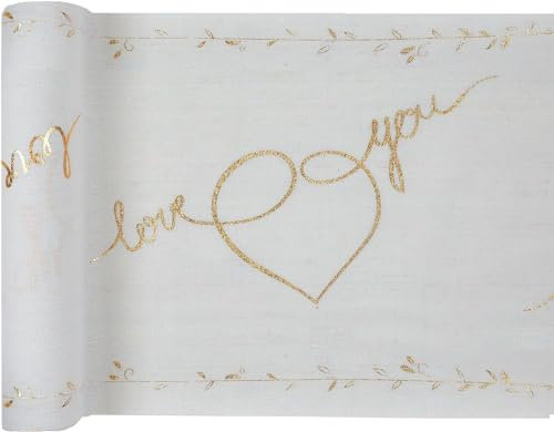 Stoff-Tisch-Läufer Tisch-Band Tisch-Decke I LOVE YOU weiß & gold mit Herz-en -Tisch-Deko Hochzeit-s-deko-ration Tisch-Läufer Tisch-Decke Tisch-Band Hochzeit Candy-Bar Accessoire-s (1 Rolle = 3 Meter)