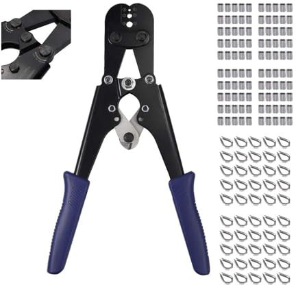 CAMWAY Pince à Sertir 2 en 1 Sertisseuse et Coupeur de Câble Métallique Cosses a Sertir avec 100Pcs 1/8 Aluminium à Sertir Manchon à Sertir et 50Pcs M3 Câble de Cosse en Acier Inoxydable