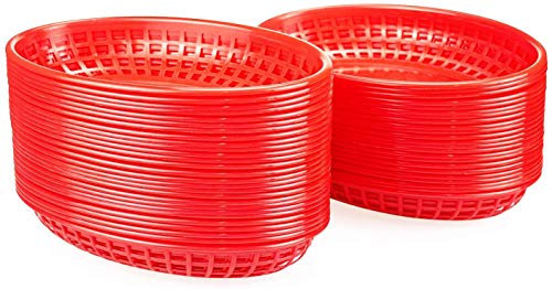 Lawei Lot de 50 paniers de Restauration Rapide Panier de présentation paniers de Rangement en Plastique ovale classique - Rouge, 14 x 22,5 x 3,8 cm