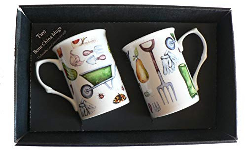 Gift Boxed Gardening Mugs 2 x Bone China Mugs in a Gift Box
