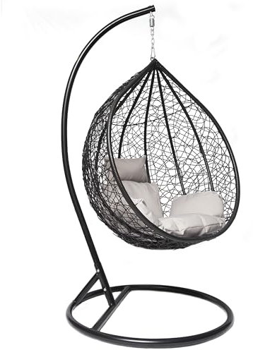 GOODS EMPORIUM Premium Hanging Rattan Egg Swing Chair Patio Garden Cocoon Relaxing Hammock with Cushions - FREE COVER INCLUDED (Medium, Black - Black - Grey)