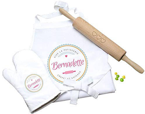 CADEAUX.COM Küchenset - 1 personalisierbare Ofenhandschuhe, 1 Weisse personalisierte Schürze, 1 graviertes Nudelholz - Französische Küche - Muttertagsgeschenk - Geschenk zum Muttertag