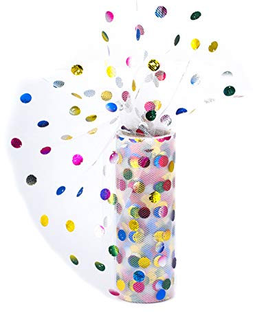 Creativery Tüll Stoff 9m x 15cm Punkte weiß/bunt Regenbogen Rolle transparent zum Basteln von Tüllröcken und Kostümen