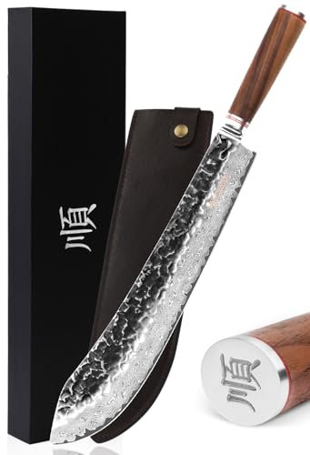 YOUSUNLONG Couteau de rupture à nez de taureau 356 mm (14 pouces) Longueur supplémentaire Super-tranchant martelé VG10 Acier Damas Manche en bois de noyer naturel avec cuir
