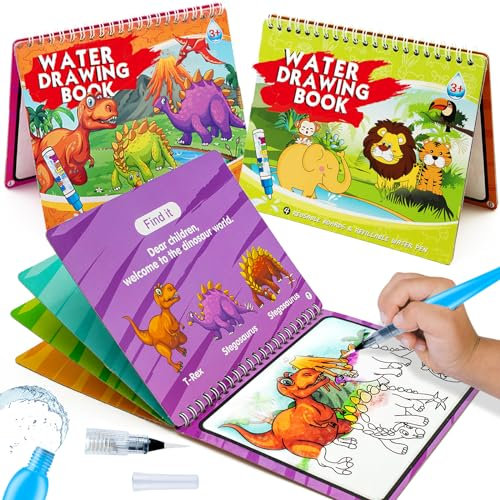 hapray 2 Pack Magic Water Colouring Books for Toddlers, Dinosaur & Animal Reusable Doodle Pads, Mess-Free Art Toys for Kids Age 2-4, Educational Travel Activity Book for Boys & Girls 3 2 1+