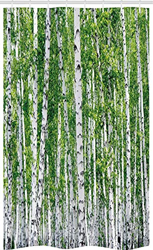 ABAKUHAUS Birke Schmaler Duschvorhang, Frische Sommer-Blätter, Badezimmer Deko Set aus Stoff mit Haken, 120 x 180 cm, Grün, Weiß, Schwarz