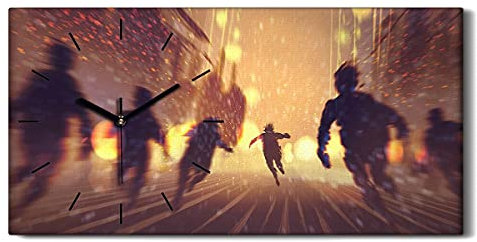 Coloray Uhr auf Leinwand - Schwarze Hände - Wohnzimmer Dekoration Segeltuch Ohne Tickendes Geräusc Kunst Wand Uhr - Flucht aus Zombies und brennenden Stadt