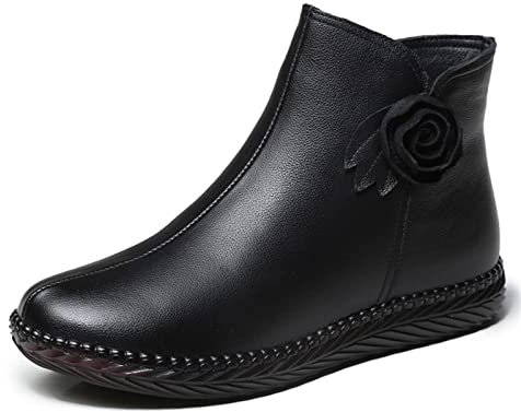 Damen Stiefel,Lederschuhe,Schwarze Stiefel,Flache Schuhe für Frauen,Kuhfell Plus Samt Warme Stiefeletten,Leder Blumendekoration,Seitliches ReißVerschlusssystem,Black-35