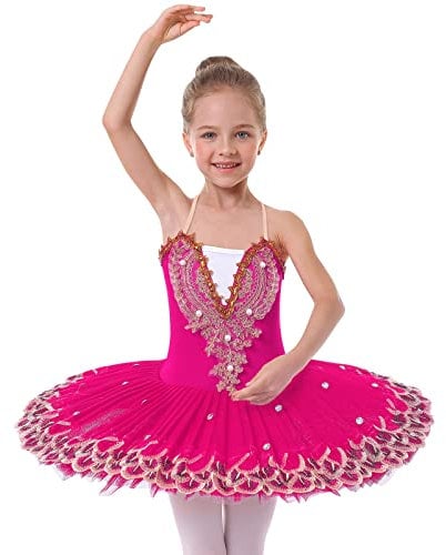 IBAKOM Girls Ballet Dance Dress Swan Lake Sling Strap Lace Pearl Embroidery Camisole Gymnastic Leotard Tutu Costume Figure Skating Dancewear Ballerina Outfit Hot Pink 7-8 Years