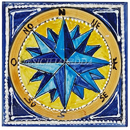 Sicilia Bedda - PIASTRELLA IN CERAMICA SICILIANA - Realizzata e Dipinta a Mano - 15 x 15 x 0.8 CM (Rosa dei Venti Blu)