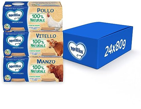 Mellin Omogeneizzato Naturale, Mix Gusti Carne, 24 Vasetti Da 80 Gr