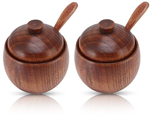 Sucrier en bois 2 pièces, plat à sel en bois avec couvercle et cuillère
