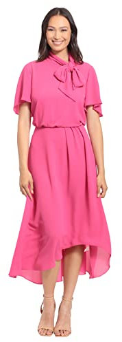 London Times Damen-Midikleid mit Flatterärmeln und Bindekragen, Fuchsia Rose, 38