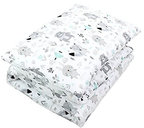 TupTam Kinder Gemusterte Bettdecken Set Ganzjahresdecke Bettdecke Kopfkissen Flachkissen 2tlg., Farbe: Bären/Füchse/Mint, Größe: 135x100 cm