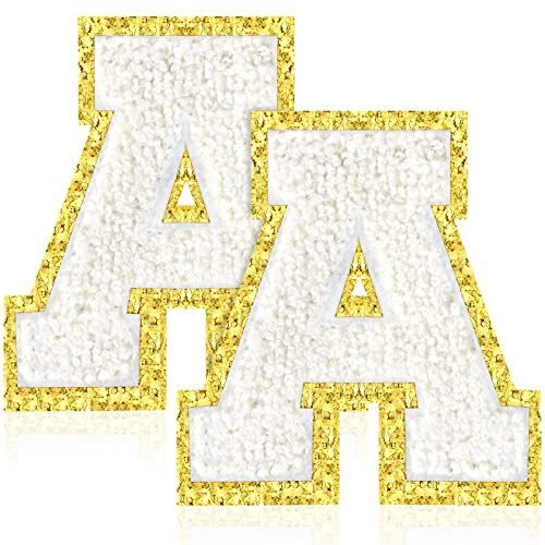 AUAUY 2PCS Letter Patch Iron On, Alphabet Applique Patches, Decorative Repair Patches Iron On or Sew On Embroidery Patches Applique Adhesive Embroidered Gold Glitter Trimmed Patches for Clothes (A)