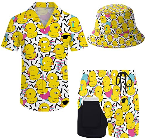 Wdpsuxin Herren 2-teiliges Hawaii-Trainingsanzug-Set mit Button-Down-Shirt und Kompressionsfutter, Shorts, Set mit Eimerhüten, Retro 80er 90er Jahre Memphis Graphics Badeente, Medium