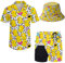 Wdpsuxin Herren 2-teiliges Hawaii-Trainingsanzug-Set mit Button-Down-Shirt und Kompressionsfutter, Shorts, Set mit Eimerhüten, Retro 80er 90er Jahre Memphis Graphics Badeente, Medium