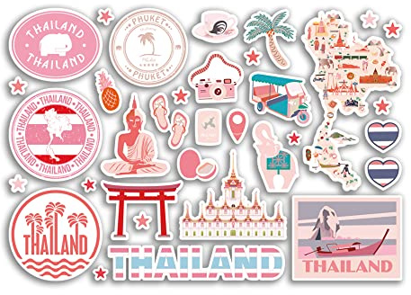 A5 Stickerbogen Thailand Rosa Sehenswürdigkeiten Vinyl Aufkleber – Thai Karte Flughafen Stempel Skyline Flagge Reise Urlaub Land Stadt Ästhetisch #80320
