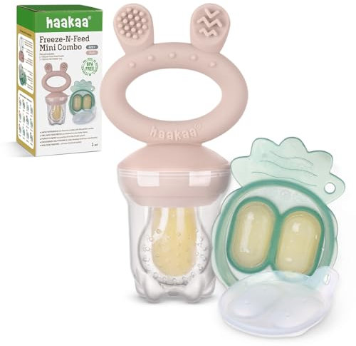 Haakaa Baby Fruit Food Feeder & Mini Freezer Nibble Tray Combo, Breastmilk Popsicle Molds for Baby Cooling Relief, BPA Free Silicone Feeder for Safe Infant Self Feeding, 4 Month+ (Blush)